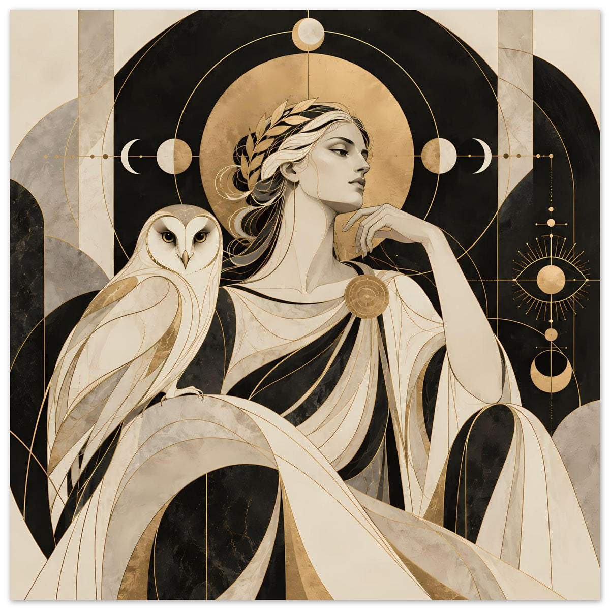 Kunstposter: Profilfrau mit Federornamenten und Eule, Kreisornamenten, gold-schwarz-beige