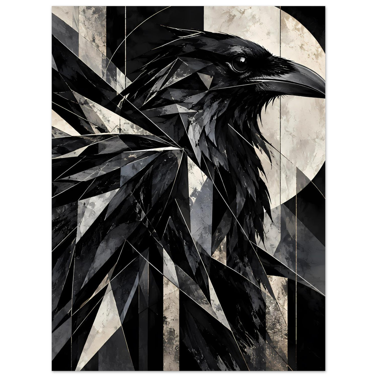 Kunstposter mit Rabenkopf im Fokus, schwarz-weißes Federbild in geometrischer Optik.