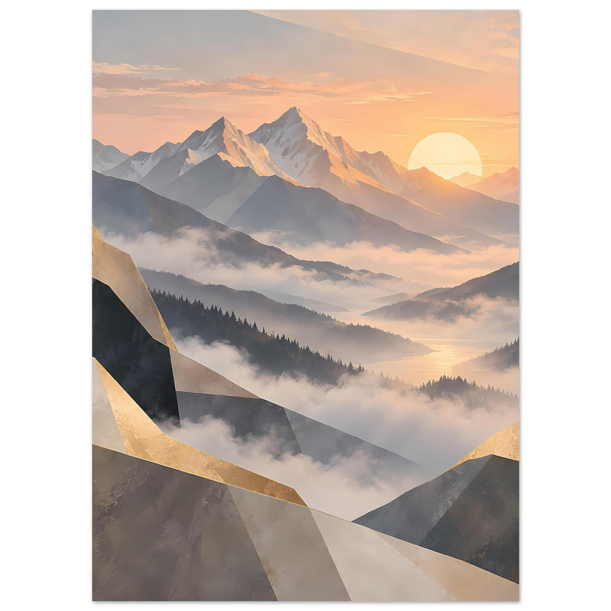 Hochformat-Poster: Sonnenaufgang über Bergen, abstrakte Goldbänder, sanfte Pastellfarben