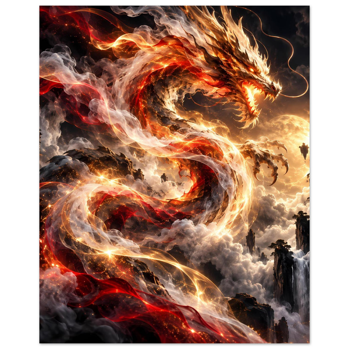 Fantasy-Poster mit Drachenkopf und -hals, Rot-Gold-Flammen, Rauchnebel im Bogen