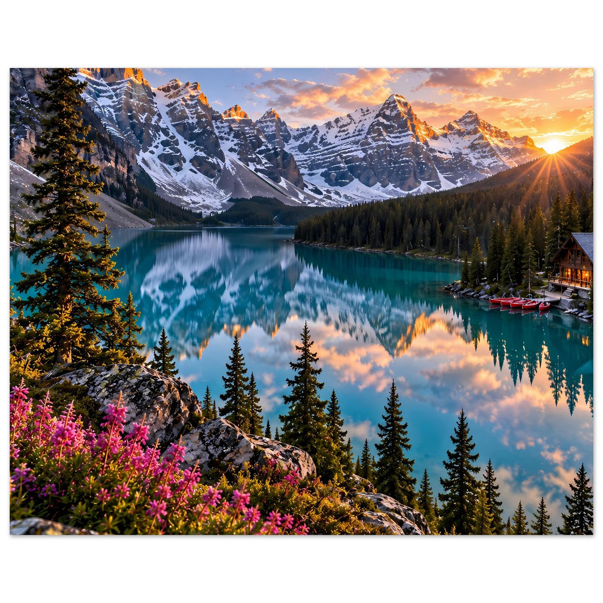 Wandposter mit Bergsee, schneebedeckten Bergen, türkisfarbenem Wasser und roten Booten