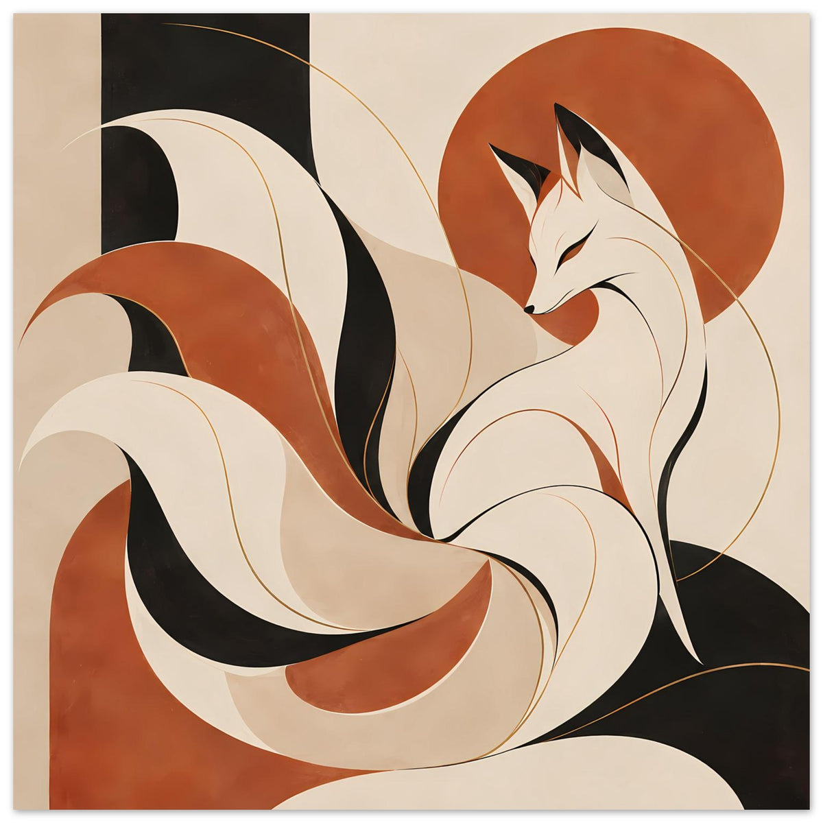Poster mit Fuchsgeist und neun Schweifen, erdige Farbpalette aus Braun, Creme und Schwarz