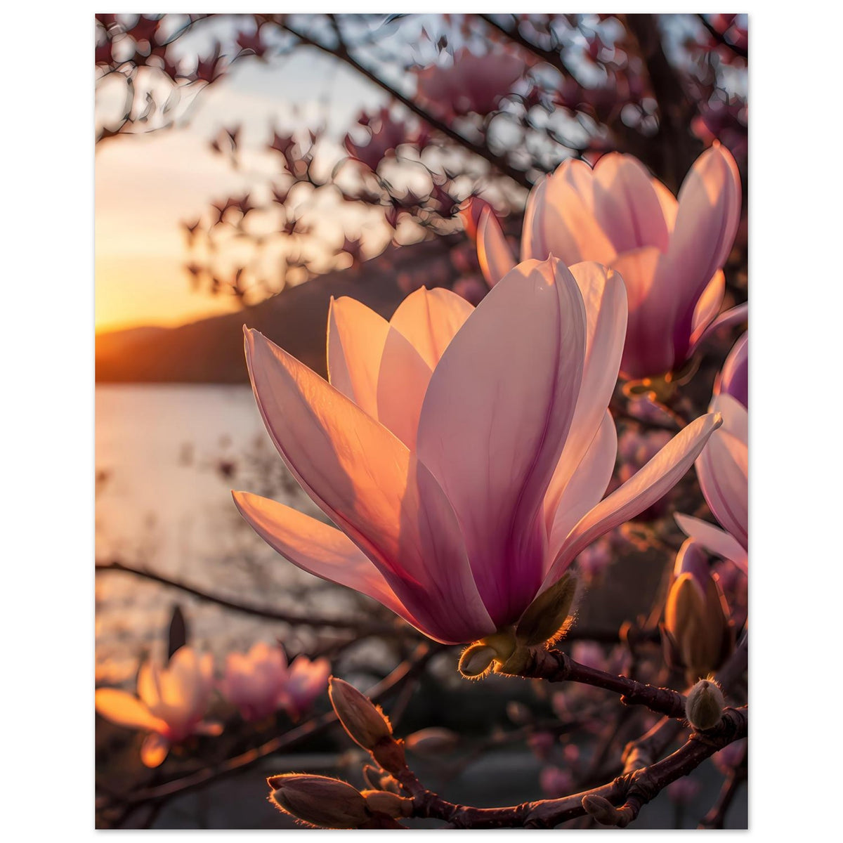Magnolienblüten-Poster: close-up von rosa-lila Blüten an Ast, leuchtende Farben