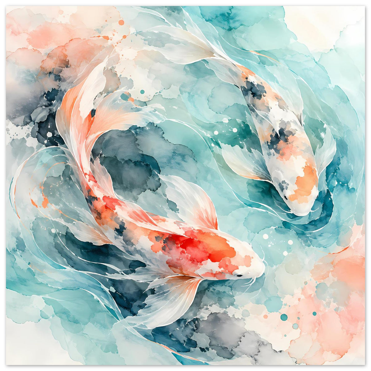 Aquarellposter mit Koi-Fisch in türkis, orange und grau, klare Flossenlinien und Wolkeneffekte.