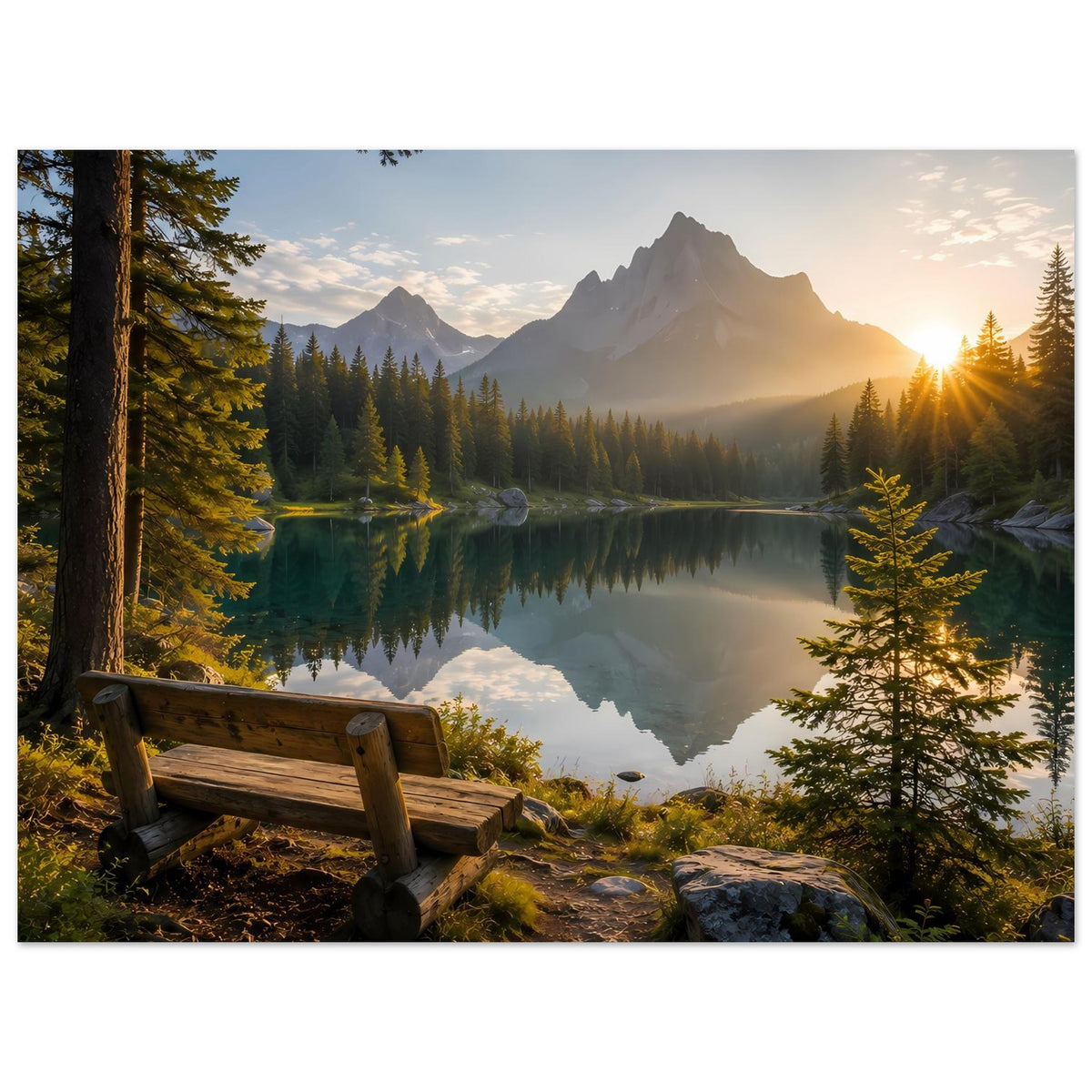 Poster mit Bergsee bei Sonnenaufgang, goldenes Licht rechts, Holzbank links unten, Nadelbäume