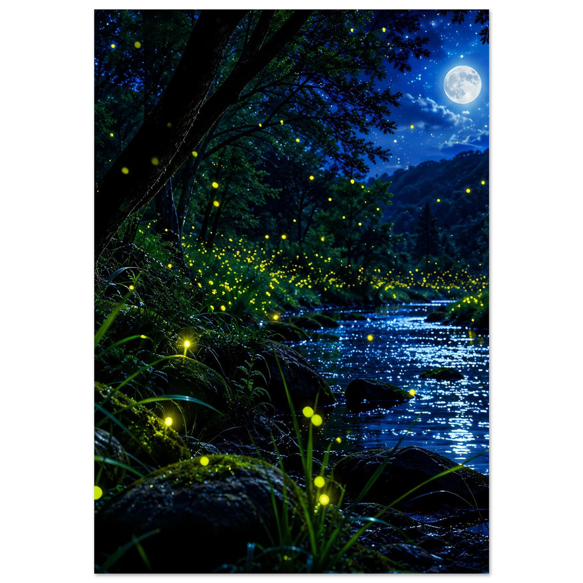 Nachtwald-Poster mit leuchtenden Glühwürmchen am Ufer, Flussreflexen und Vollmond