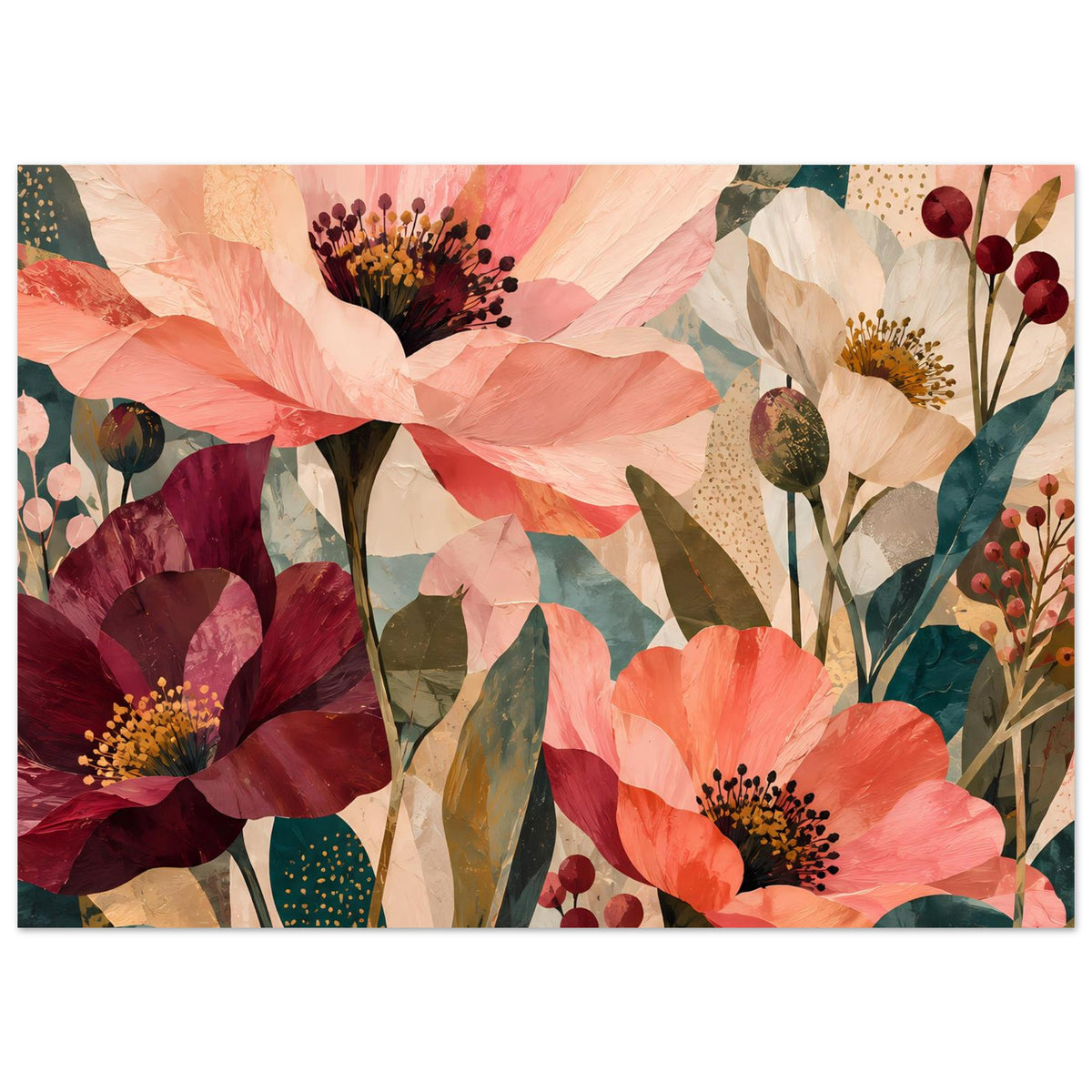 Horizontaler Blumen-Kunstdruck mit großen abstrakten Blüten in Koralle und Burgunder