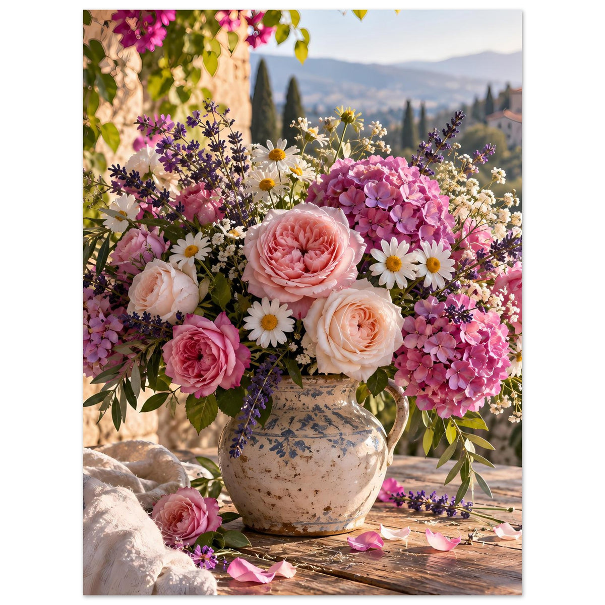 Blumenposter mit Rosablüten und Gänseblümchen in Keramikvase