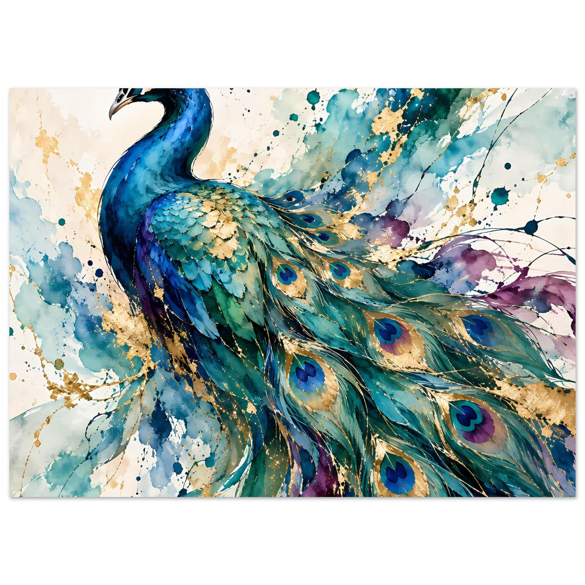Aquarell-Poster im Querformat: blauer Pfau mit goldenen Details und Farbspritzern