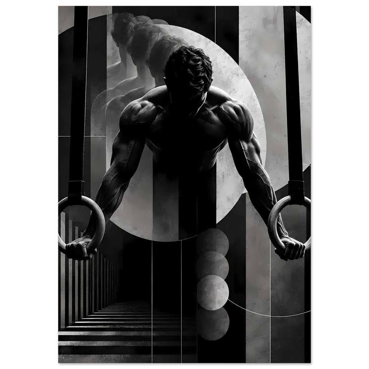 Schwarzweiß-Gymnastikposter mit Turner an Ringen, abgebildete Sportpose