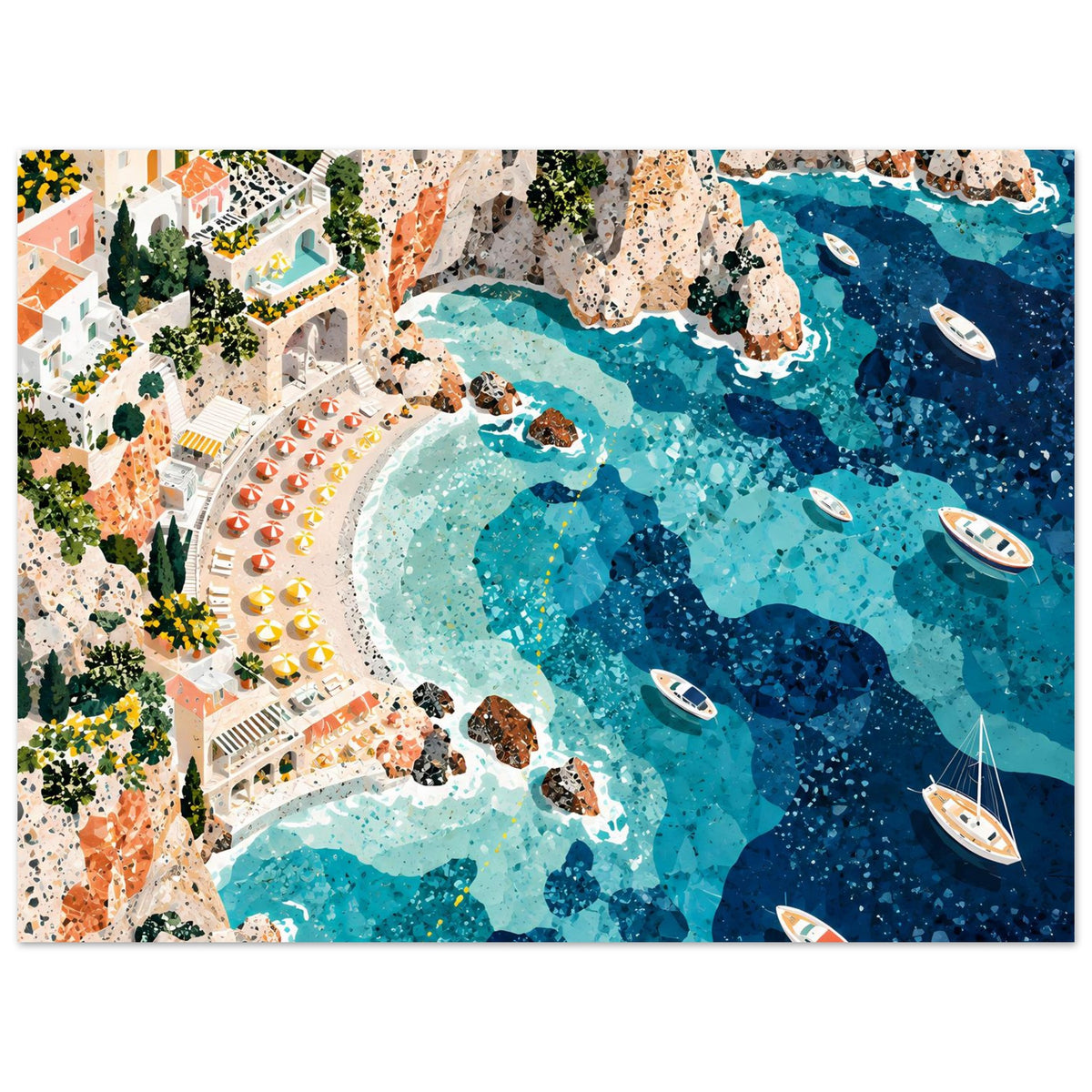 Mediterrane Küstenlandschaft mit Villen, sonnigen Felsklippen und türkisblauem Meer in Mosaikoptik – Posteransicht 29