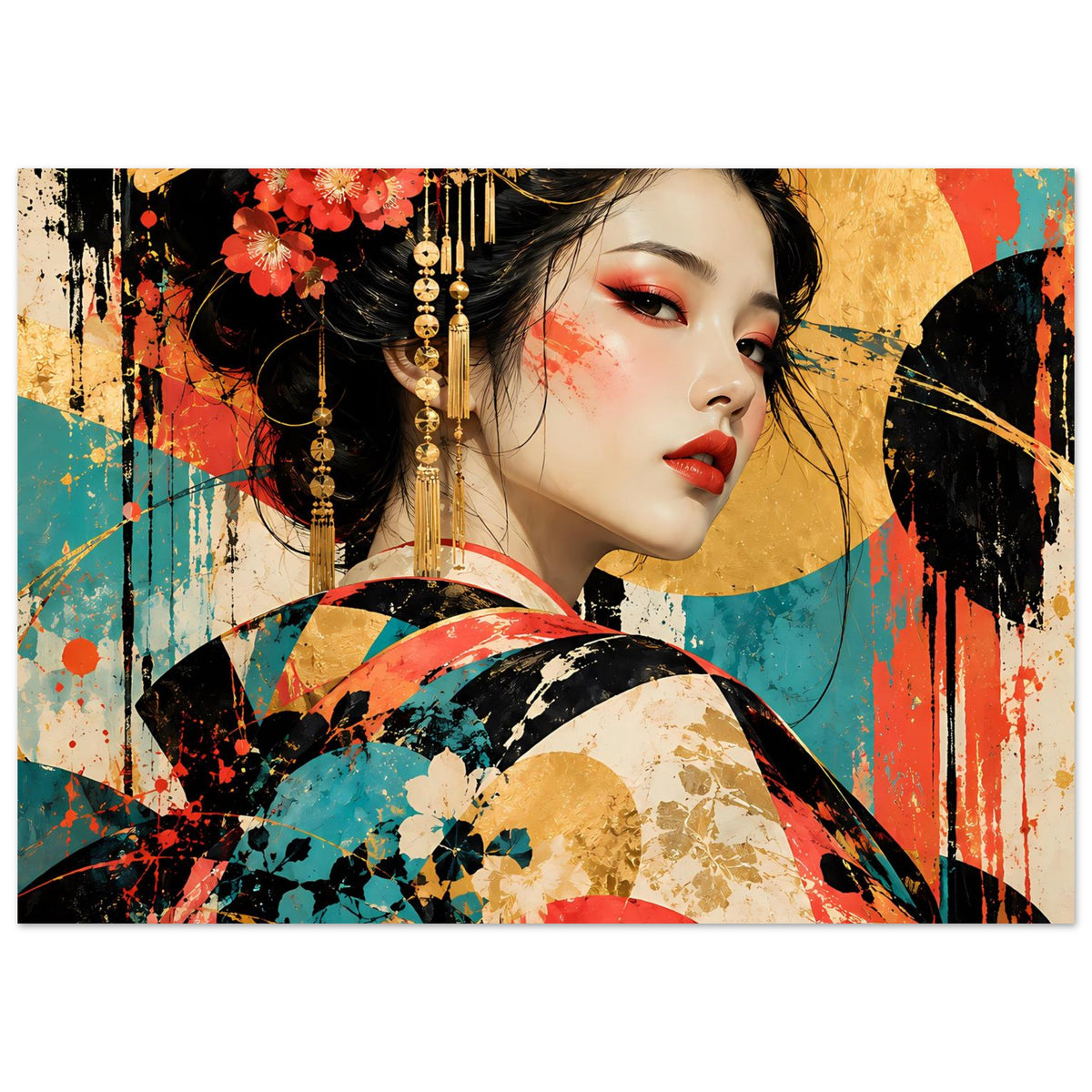Kunstdruck mit Geisha-Porträt und gemustertem Kimono im Querformat, buntes Art-Design