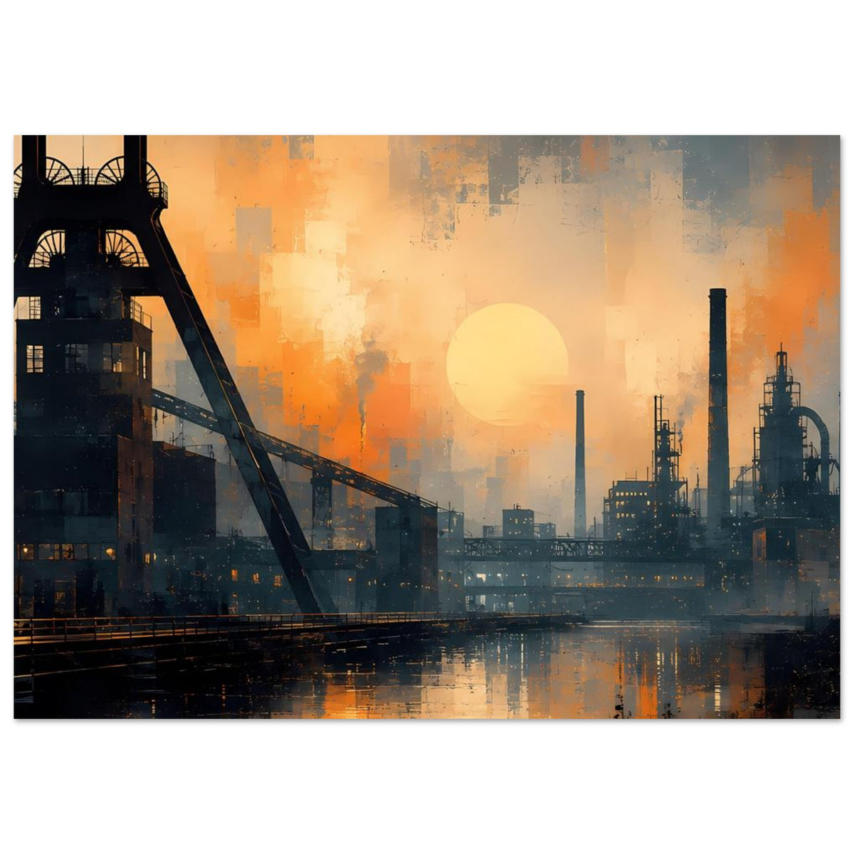 Industrie-Dämmerung Poster: Silhouetten von Industrieanlagen, große Sonne und Wasserreflexion