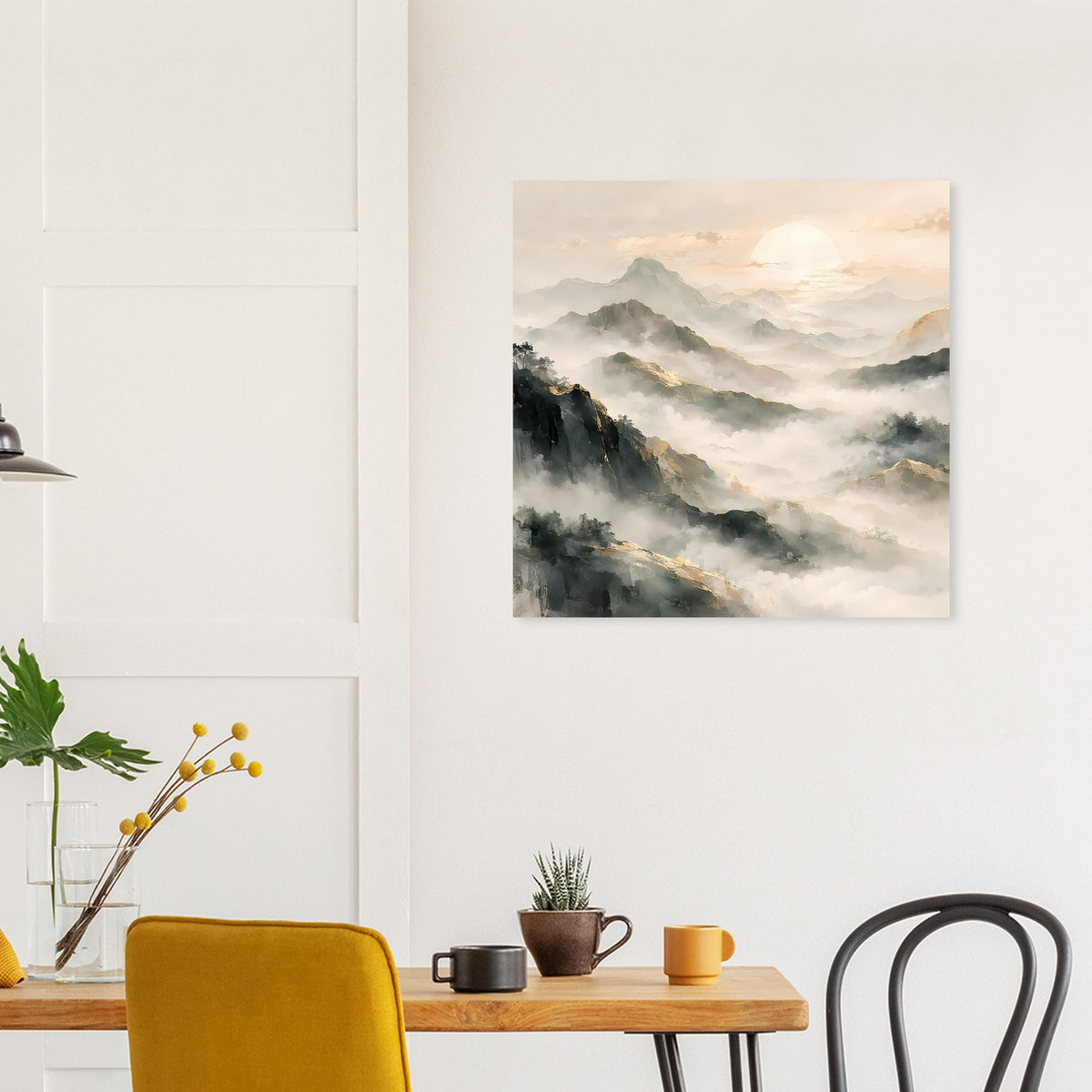 Bergpanorama-Poster über Holztisch, Bergnebel und weiche Pastellwolken