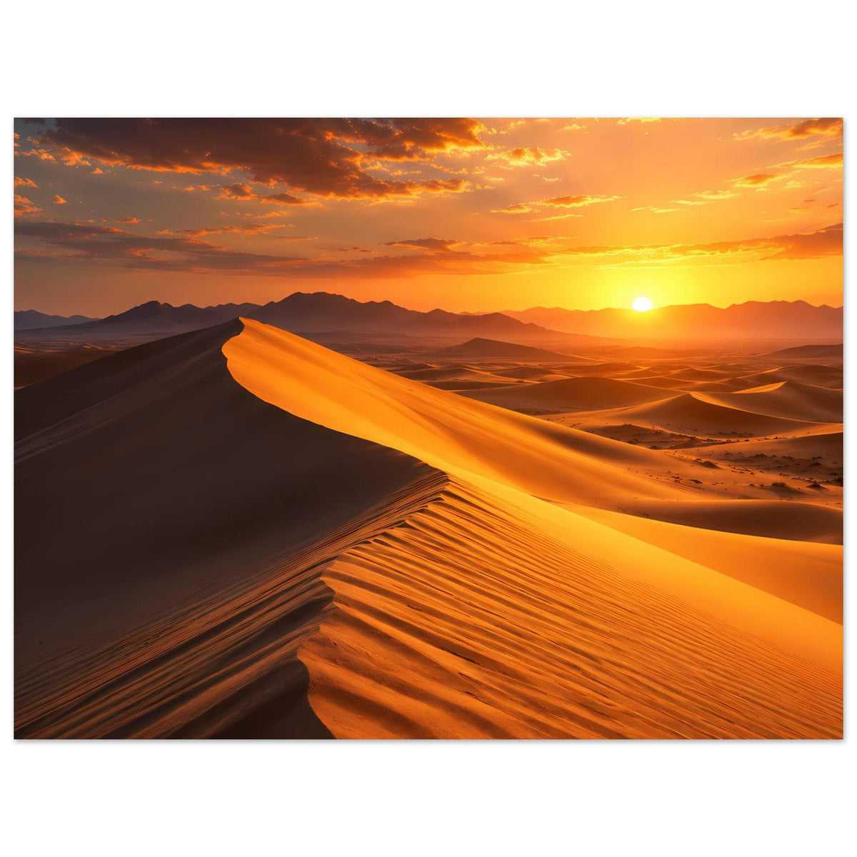 Wüstenlandschafts-Poster mit orangegelbem Sand, Dünenkanten und Sonnenuntergang