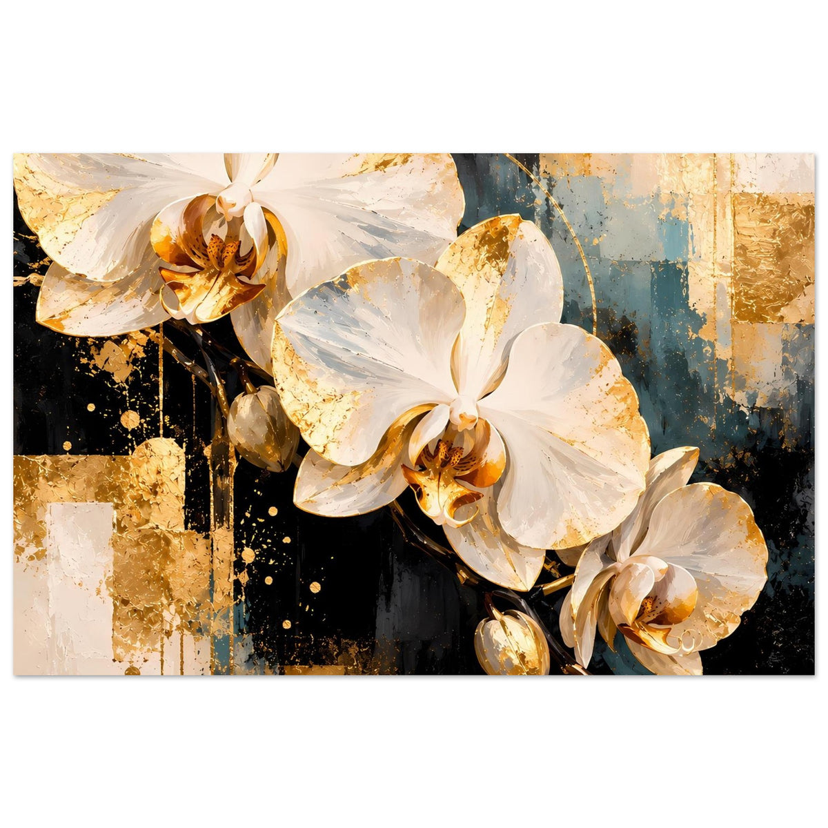 Poster mit weißen Orchideenblüten und goldenen Akzenten, goldene Details im Strauß