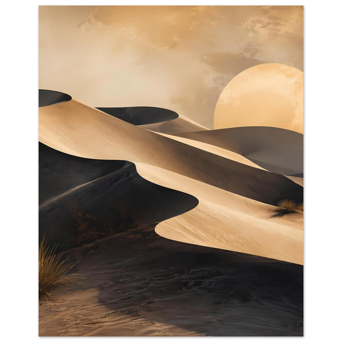 Wüstenposter: goldene Sandrücken, dunkle Dünenmulden, großer Mond und Gräser