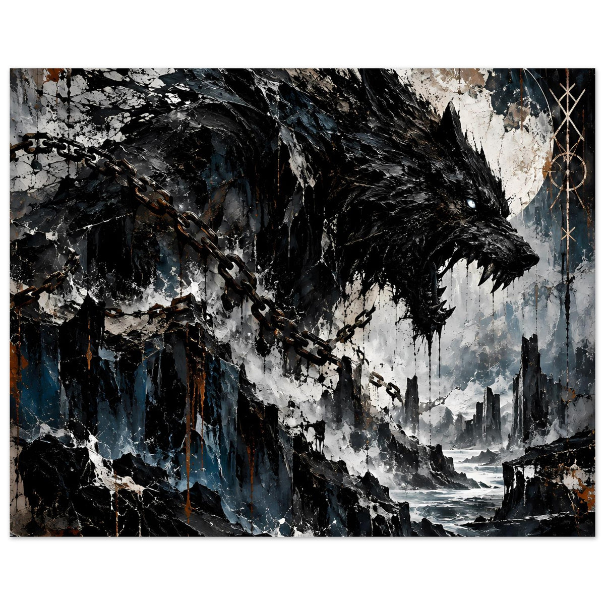 Horizontales Wolfskopf-Poster mit Vollmond, Kettenornamenten, Ruinenkulisse und Meer