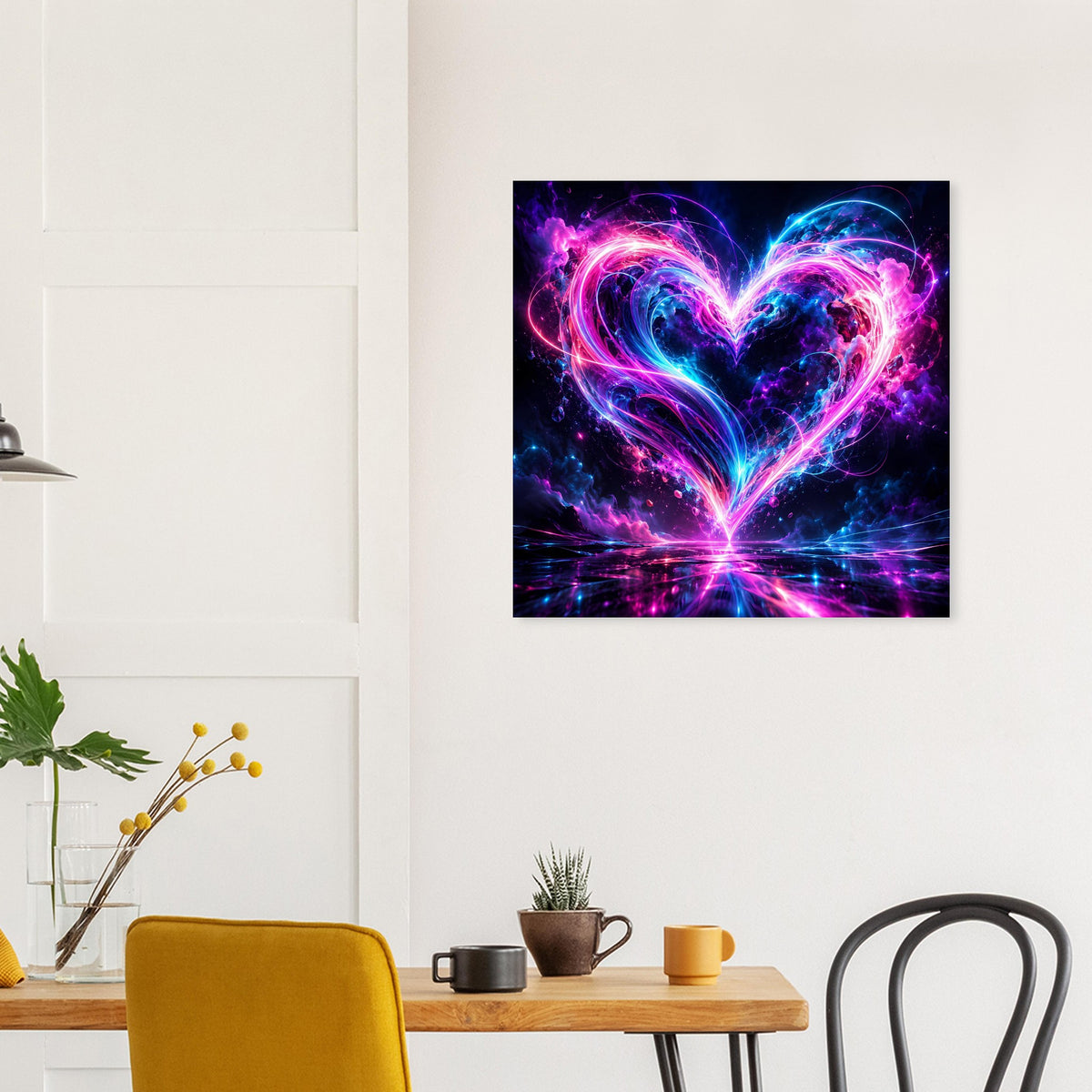 Poster mit leuchtendem Neon-Herz in Pink und Blau, reflektierender Lichtschein