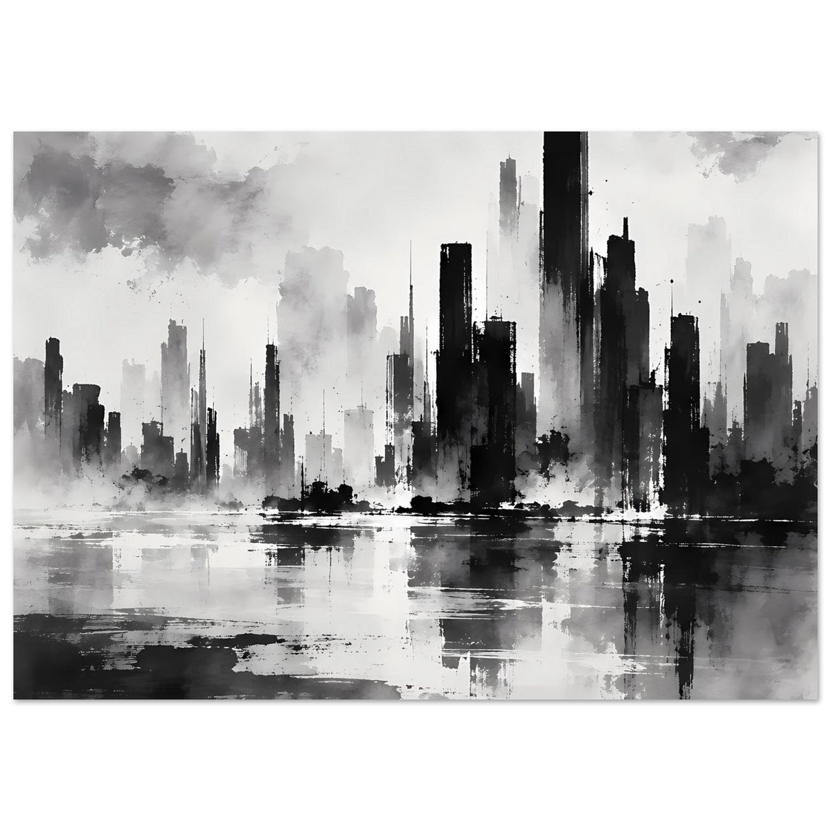 Schwarzweiß-Poster: City-Skyline in Schwarz und Grau mit Wasserreflexion