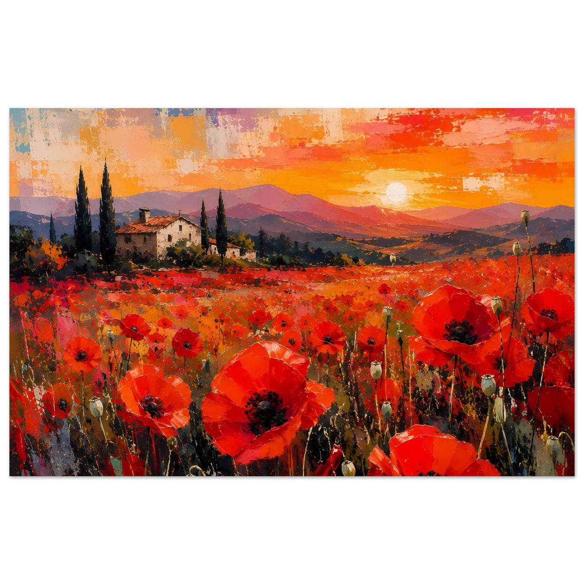 Poster mit roten Mohnblumen und Landschaftsmotiv, Dorf im Tal und leuchtende Abendsonne