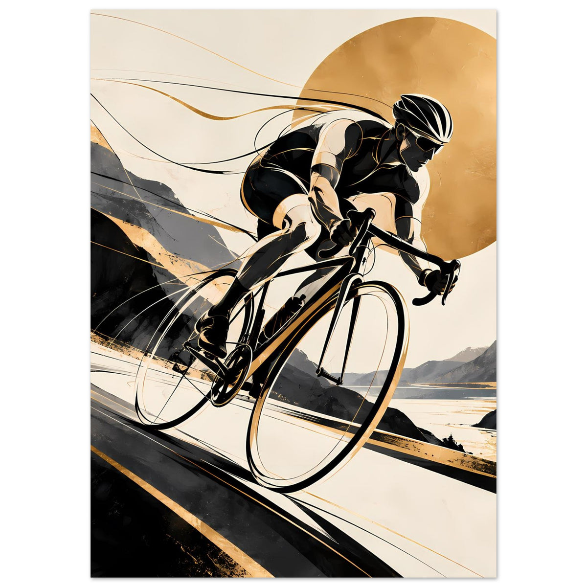 Hochkant-Sportposter mit Radfahrer auf Rennrad, Schwarz-Gold-Farben