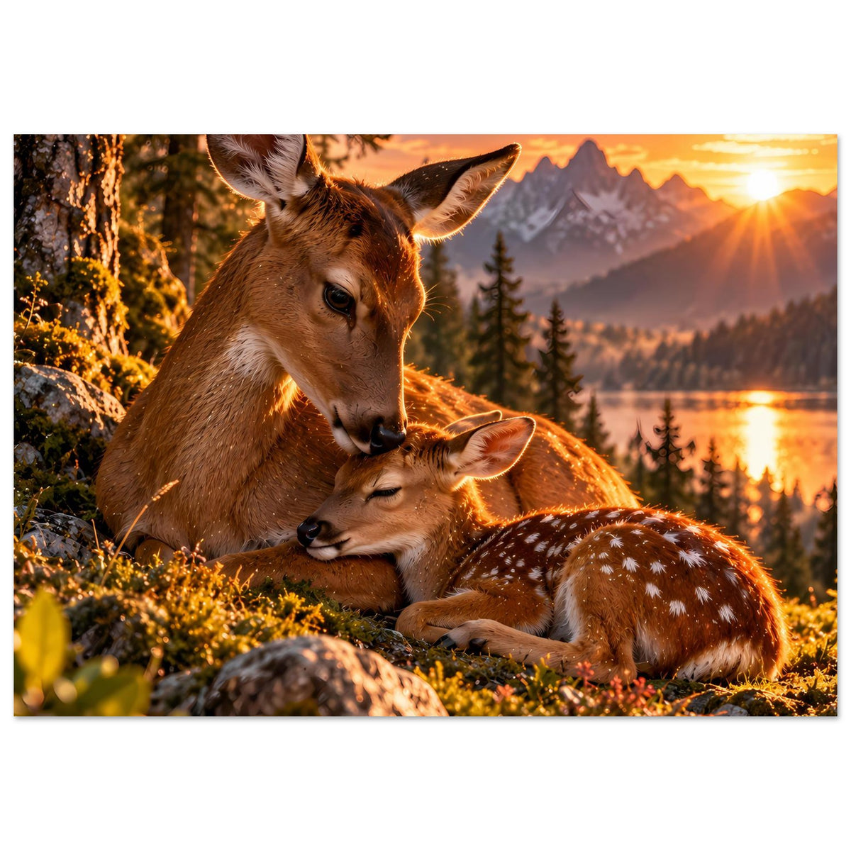 Hirsch-Motiv Poster: Reh und Kitz im Sonnenuntergang über See, horizontal