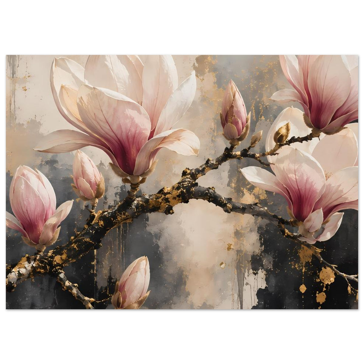 Magnolienblüten-Poster mit rosanen Blüten und goldfarbenem Zweig, großflächig mittig