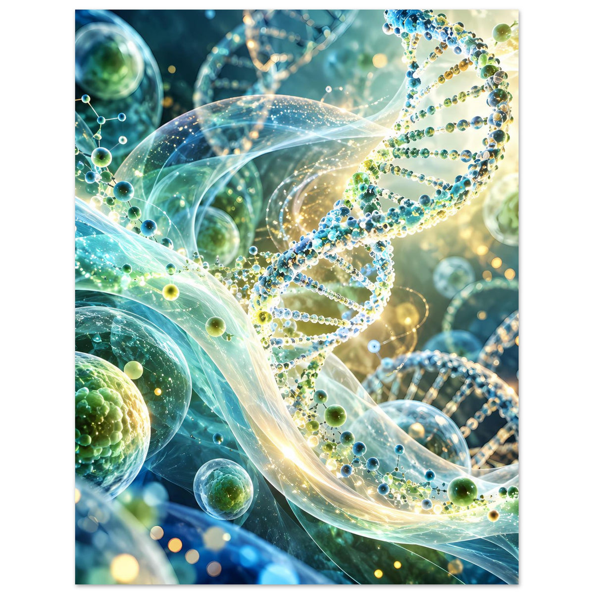 Vertikales Biotechnologie-Poster mit DNA-Doppelhelix, gelb-grünen Punkten und Molekülketten