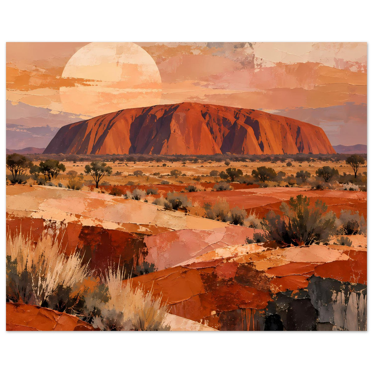 Uluru-Landschaftsposter (Querformat): Felsmonolith in Orange/Rost, Wüste und Halbsonne.