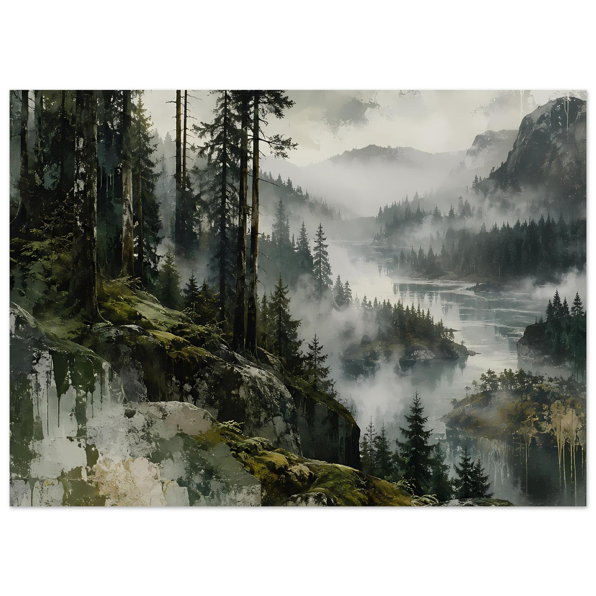 Wandposter mit Waldlandschaft: Tannen, moosige Felsen, Nebel über dem Fluss