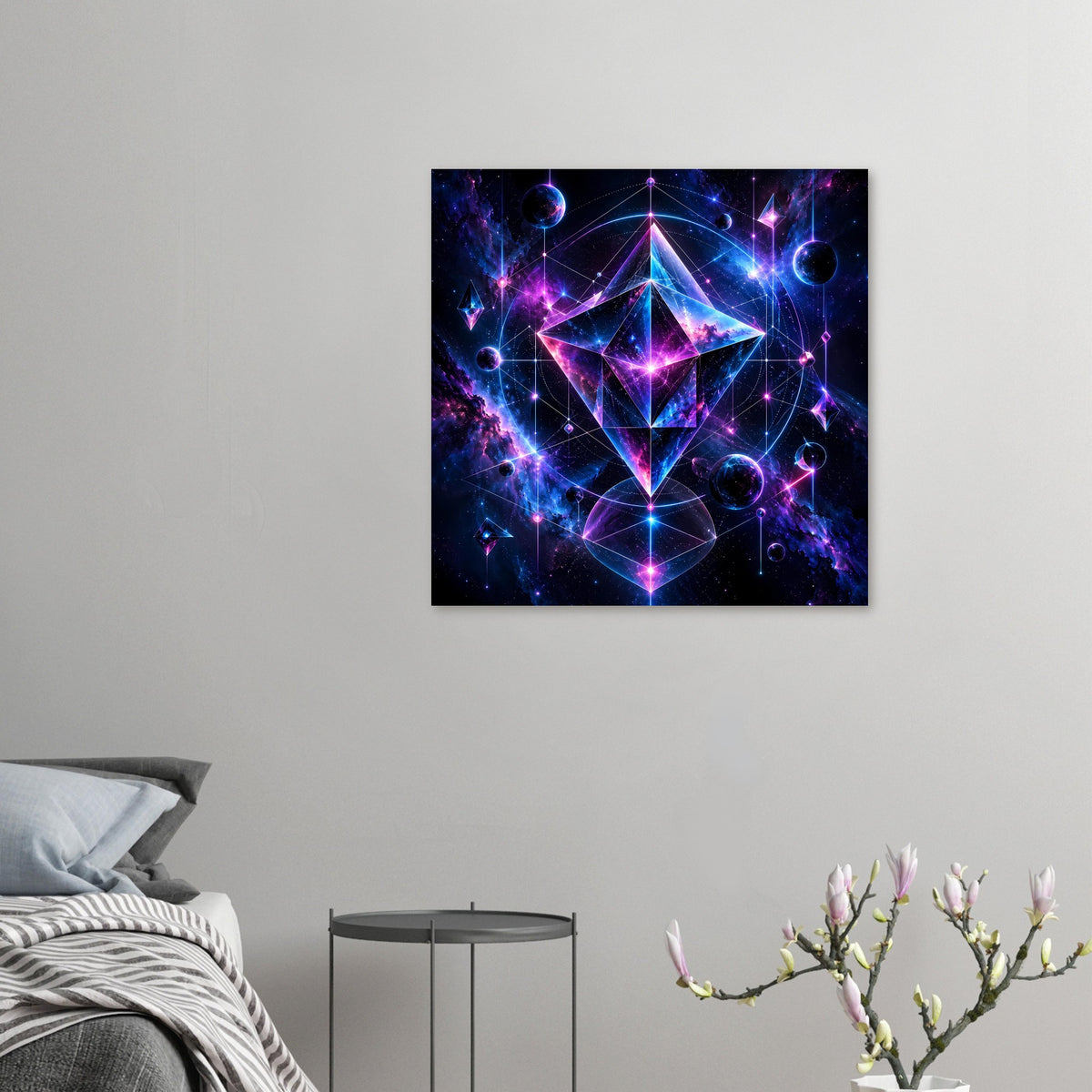 Kleines Cosmos-Geometrieposter mit Diamantstern, Planeten und leuchtenden Sternen im All