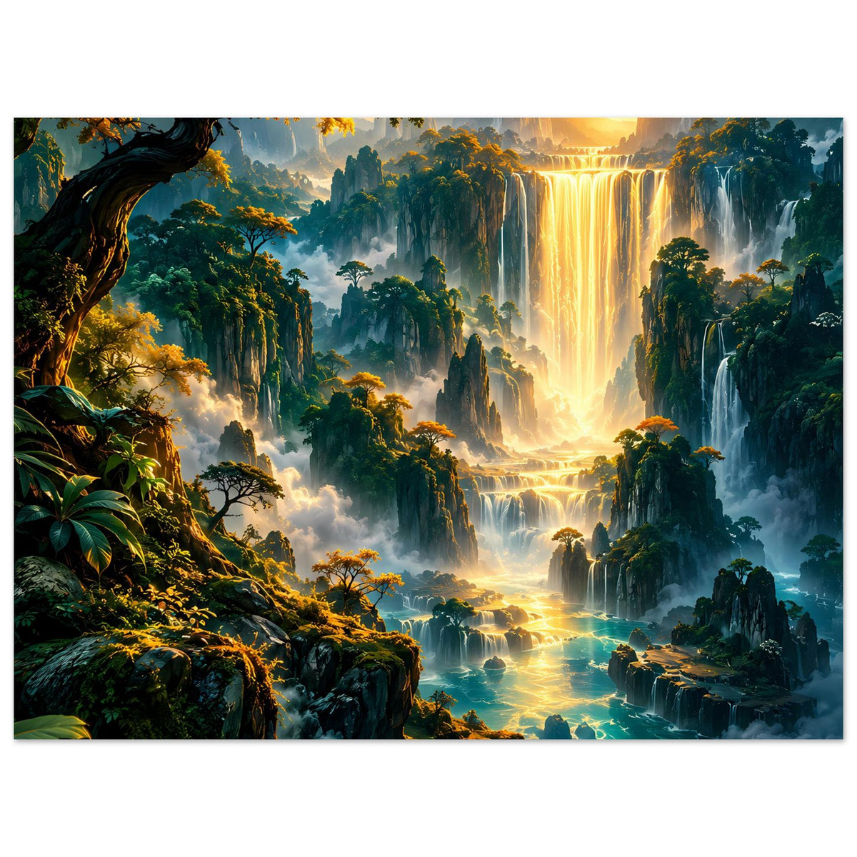 Horizontales Poster mit Fantasielandschaft, goldenem Wasserfall und nebligen Klippen