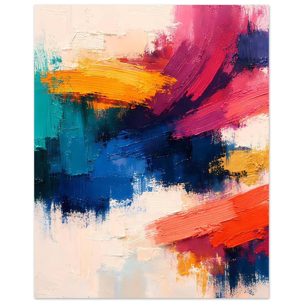 Abstraktes Kunstdruck-Poster mit Pinselstrichen in Blau, Pink, Orange und Gelb (hochkant).