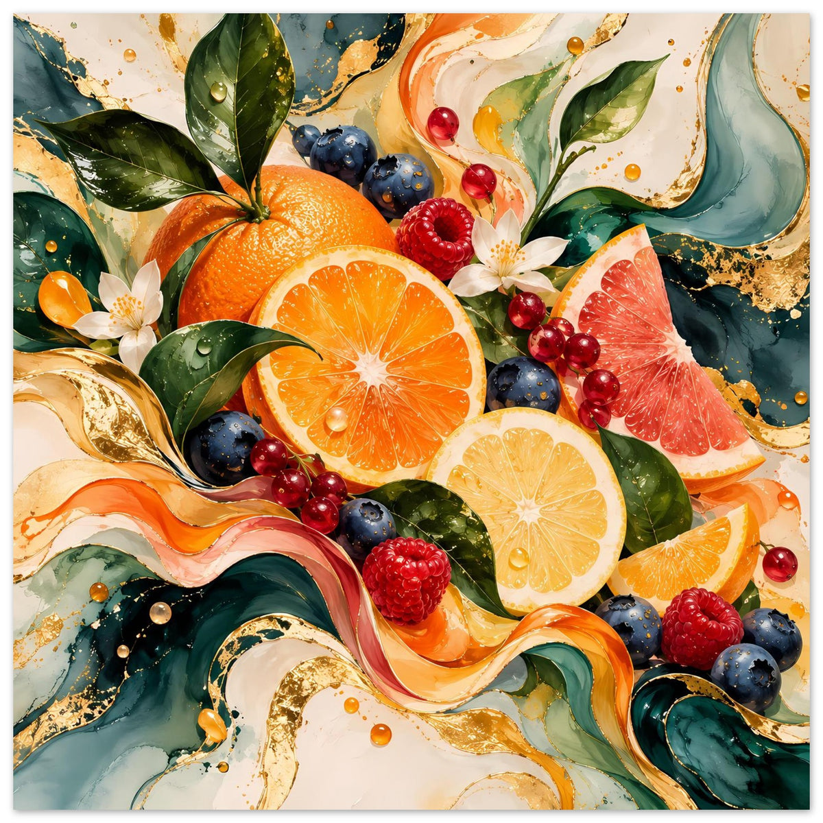 Poster mit Obstcollage: Orangen, Zitronen, Blaubeeren und Beeren auf Farbwirbeln