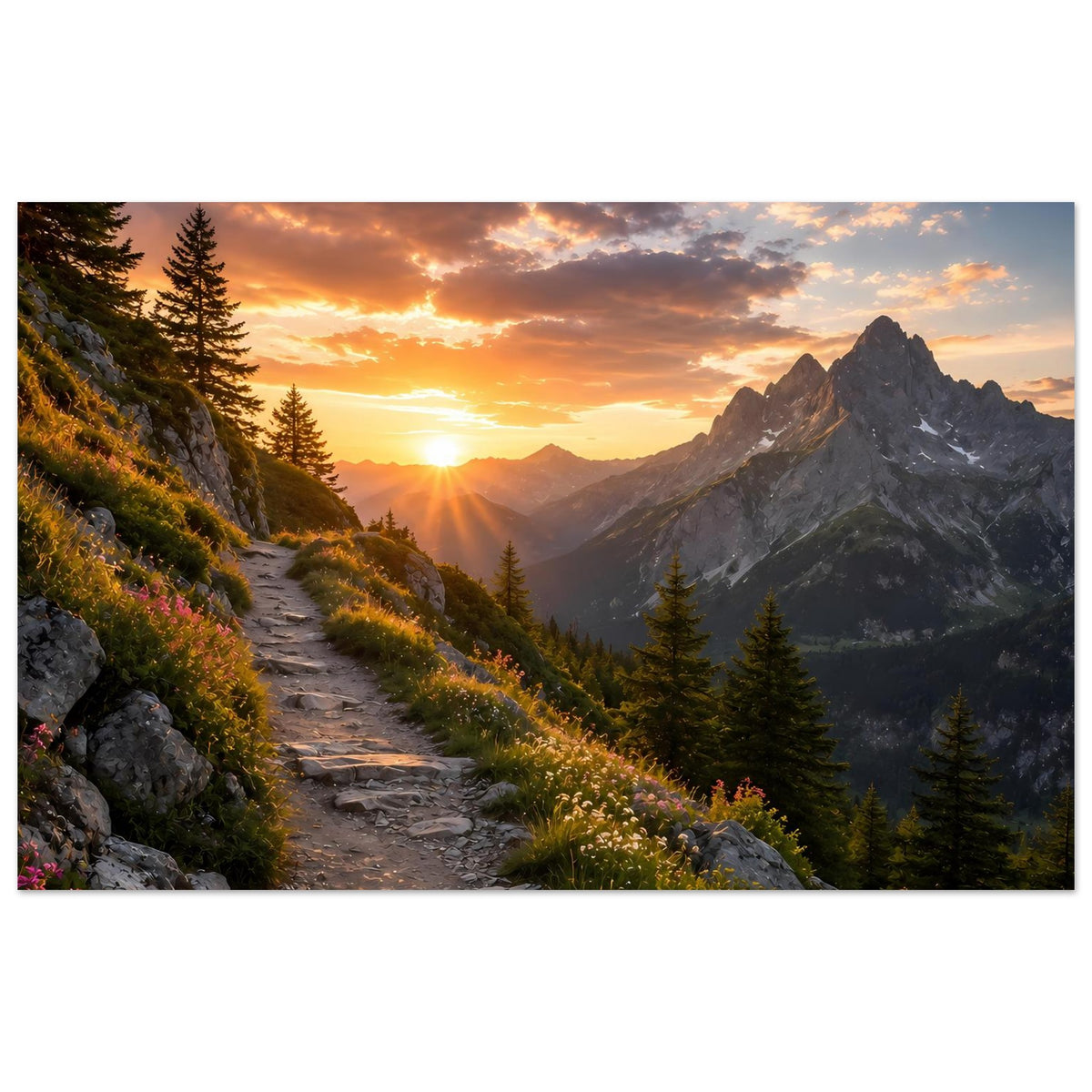 Horizontales Poster mit Bergpfad durch Tannen bei Sonnenaufgang und orangefarbenem Himmel