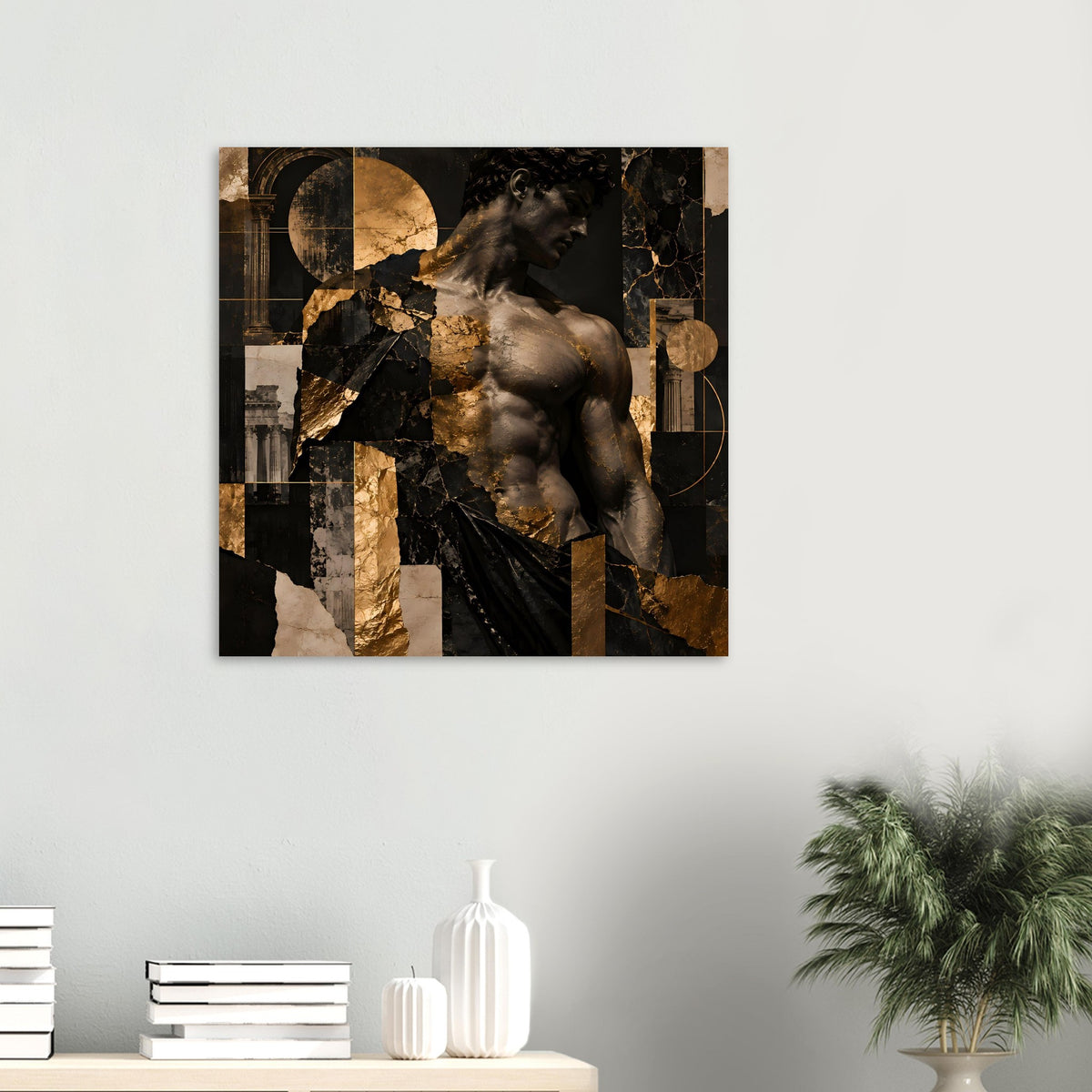 Kunstposter mit Skulptur im Profil, Schwarz-Gold mit geometrischen Mosaikflächen