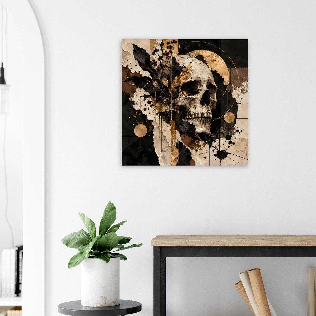 Kunstposter mit Totenschädelmotiv, schwarze Fläche mit goldenen Kreisen und Farbklecksen