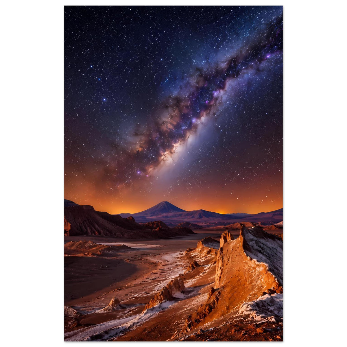 Hochformat-Poster mit Sternenhimmel und Milchstraße über Wüstenbergen im Dunkelblau