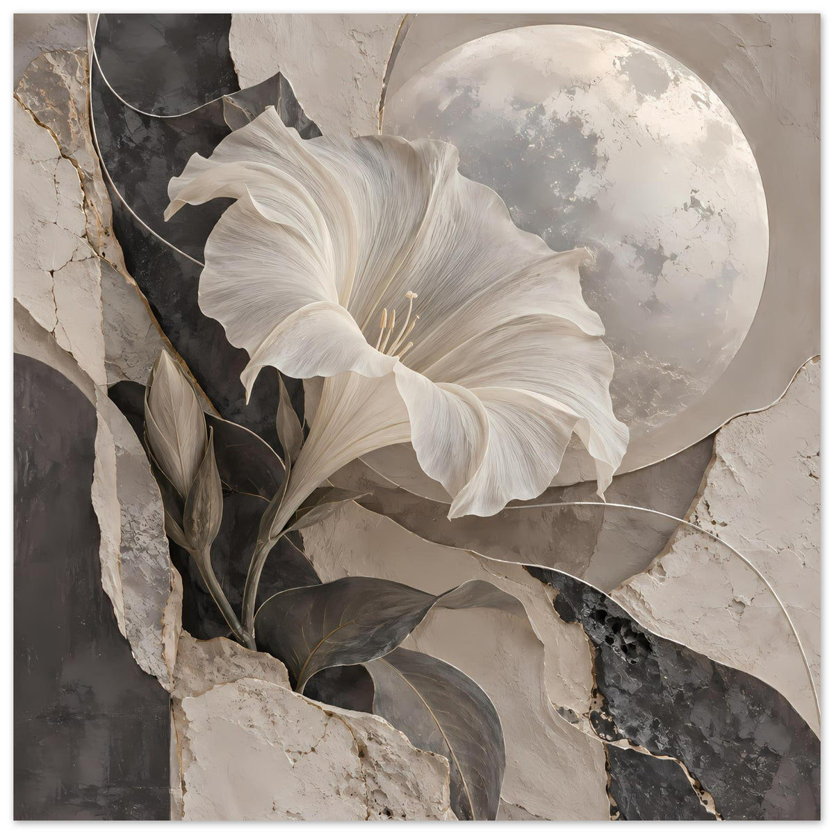 Kunstposter mit weißen Lilienblüten, dunklen Blättern und hellem Mondkreis im abstrakten Look