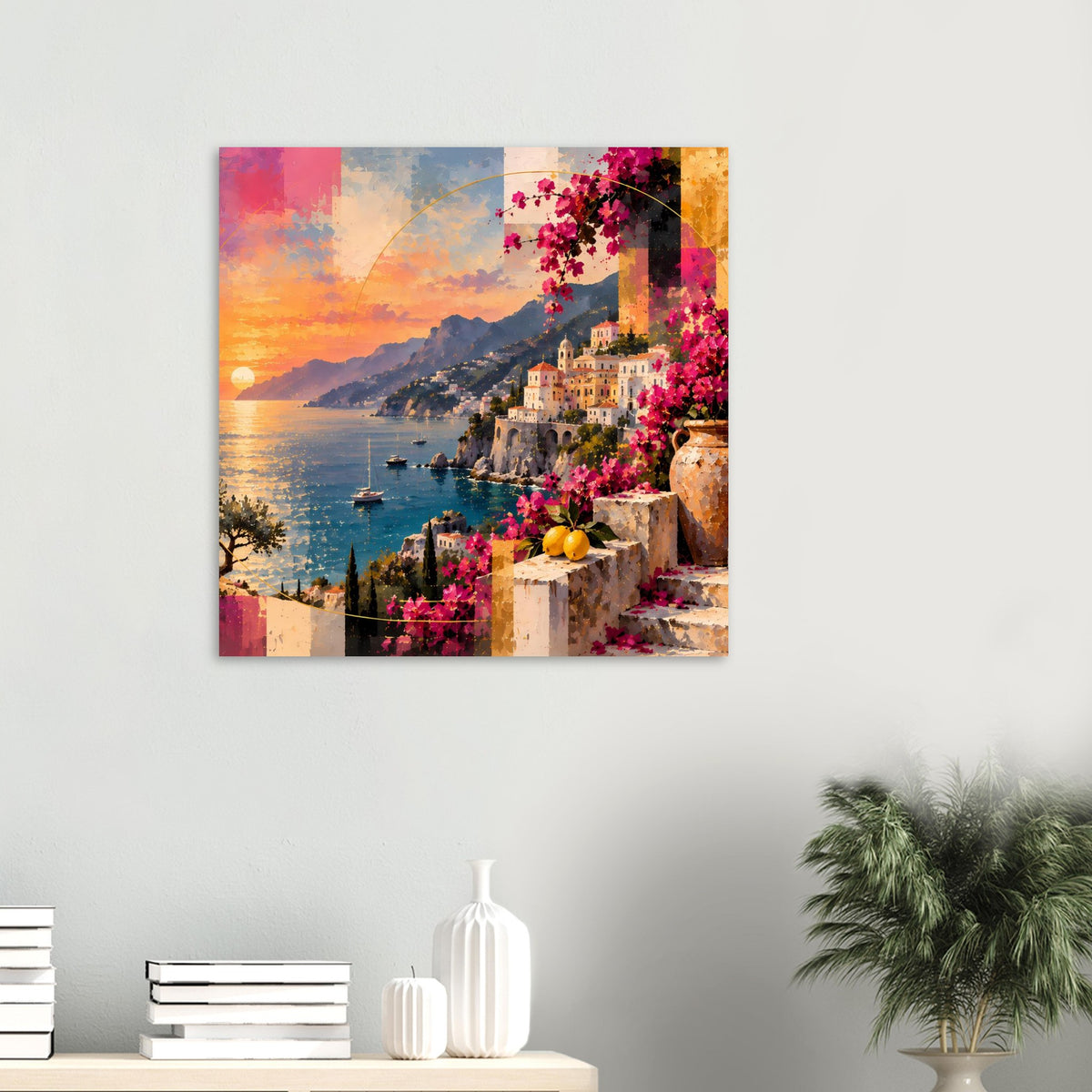 Quadratisches Poster: mediterrane Küste mit Meerbucht, Häusern am Hang und pinken Bougainvillea
