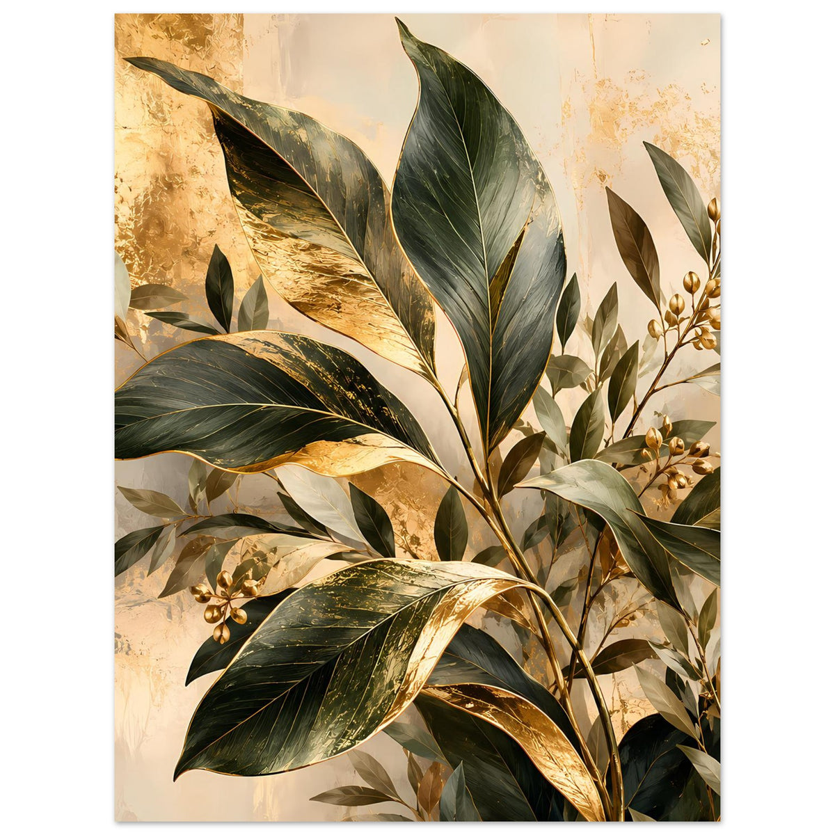 Botanisches Poster im Hochformat mit Blättern in Grün und Gold, zarte florale Akzente