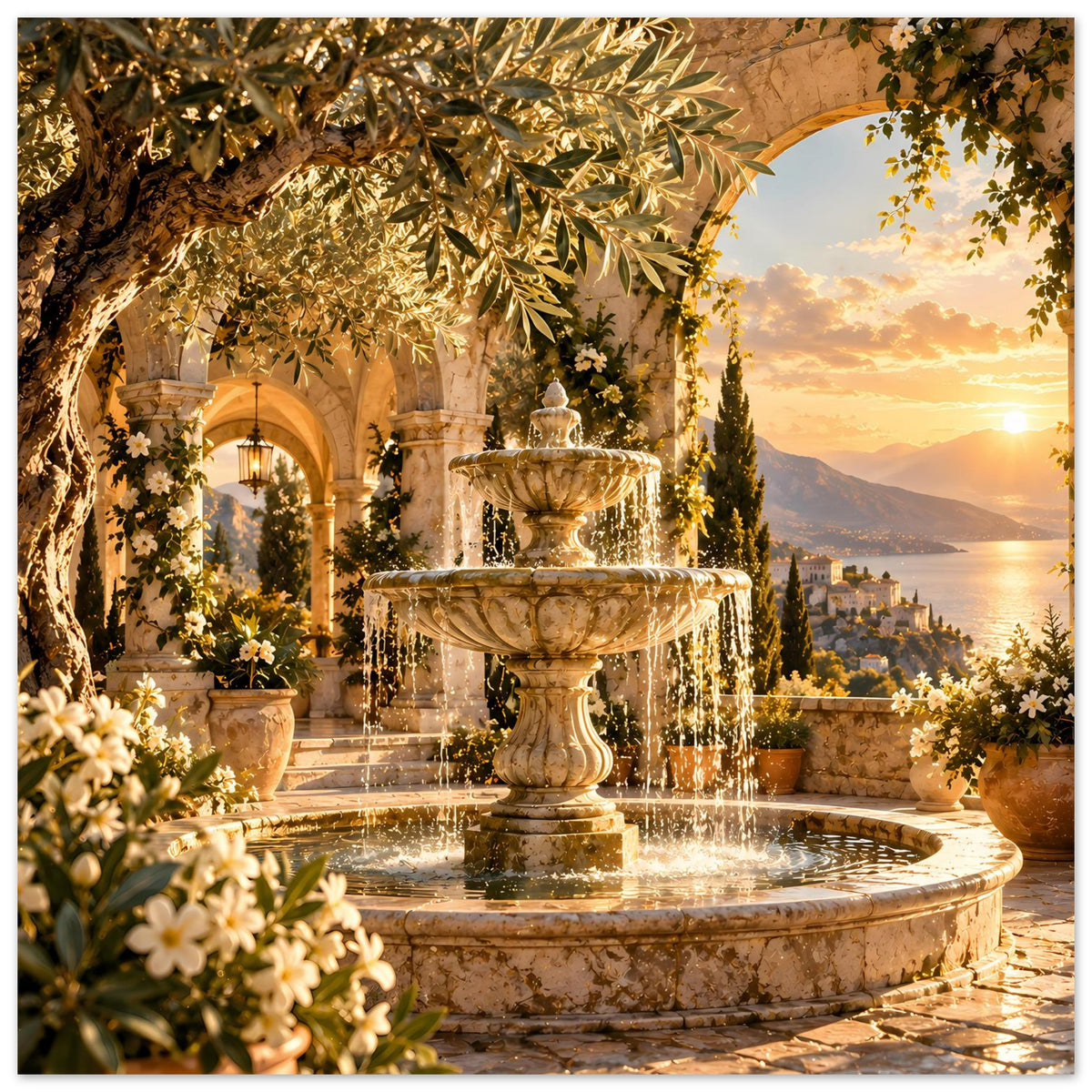 Poster im Hochformat: antiker Springbrunnen mit sprühendem Wasser und goldenen Blattzweigen