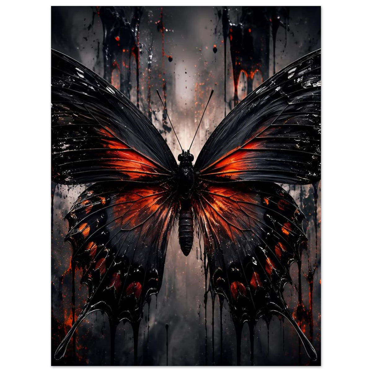 Vertikales Poster mit schwarzer Flügel-Figur und orange-roten Flammenakzenten, abstrakter Hintergrund