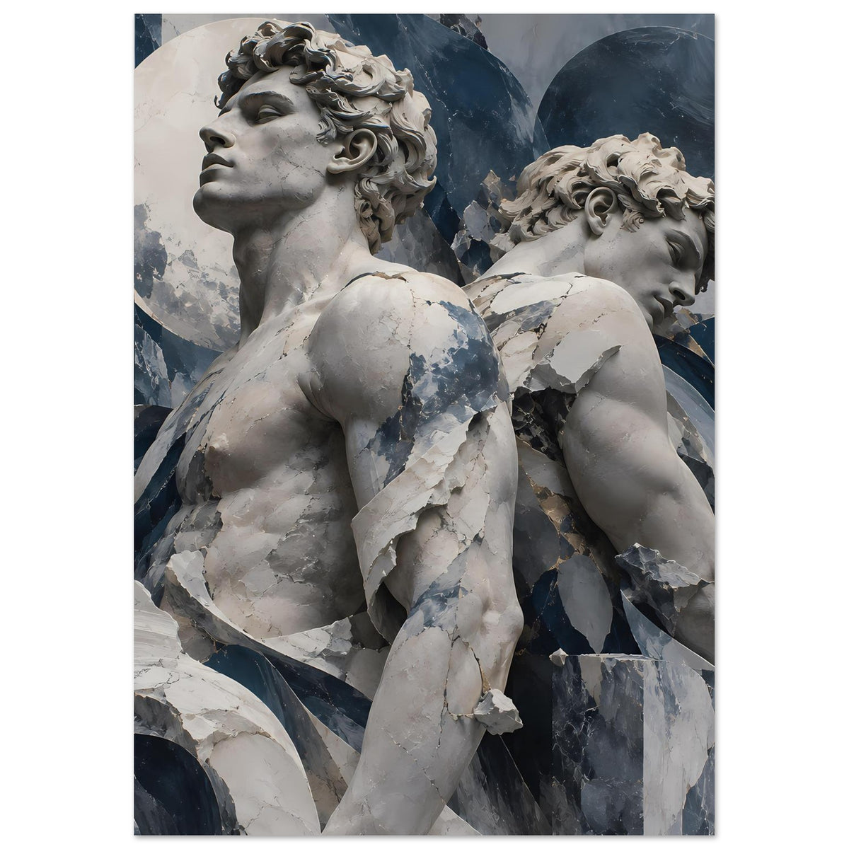 Poster mit Brust- und Kopfdetail zweier Marmorstatuen im Hochformat