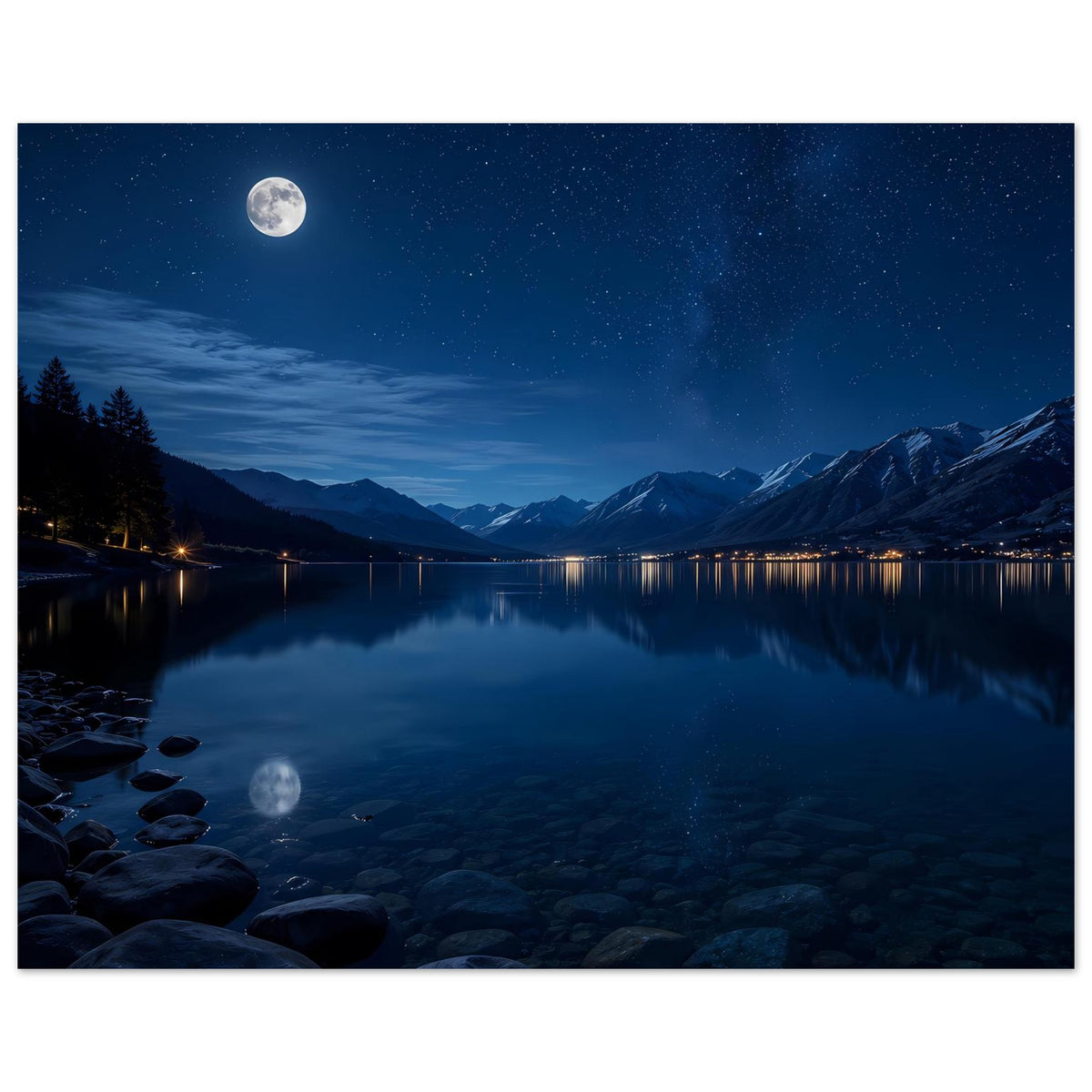 Poster mit Mond über Bergsee bei Nacht, Berge, Seespiegel und felsiges Ufer links