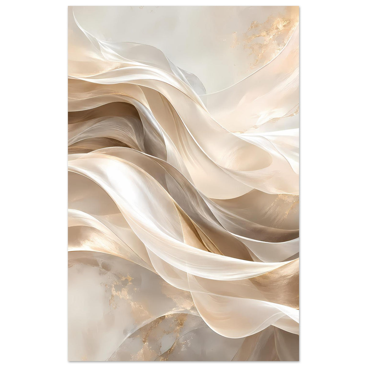 Abstraktes Leinwand-Poster, vertikal: seidige Bandwellen in Creme und Gold auf hellem Hintergrund