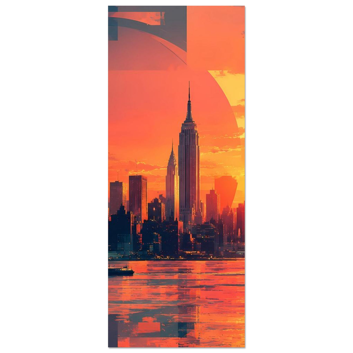 Vertikales Skyline-Poster, orangefarbener Himmel, Skyline mittig, große Sonne rechts