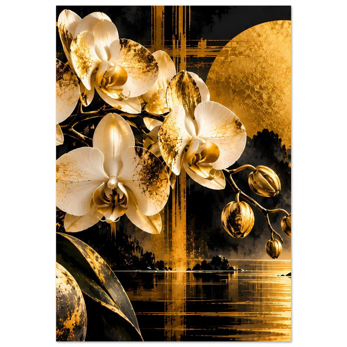 Orchideen-Premiumposter mit weißen Blüten und goldenen Details, zentriert im Druck