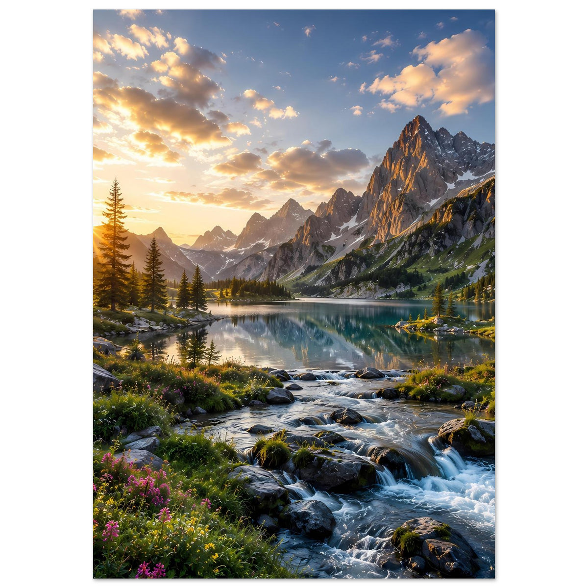 Wandposter mit Sonnenaufgang und Gebirgslandschaft, Bergsee und Bach im Vordergrund